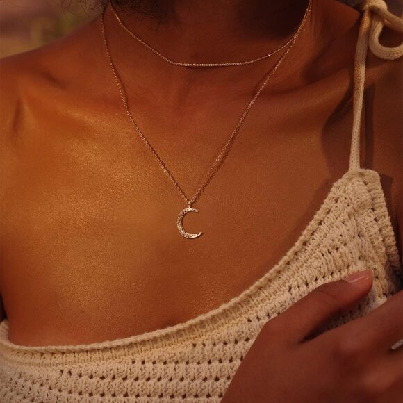 Gold Pendant Necklace Choker 14K Gold Plated Moon Phase Jewelry for Women - Picture 3 of 7